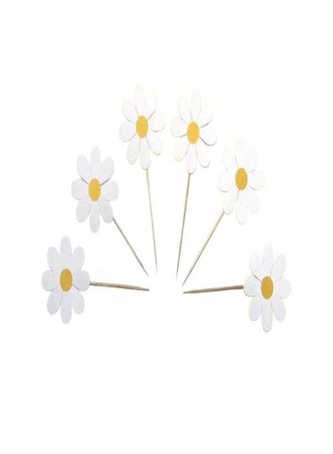 Curious Button Pack of 6 Daisy Cupcake Toppers | 2 Inch Flower Cake Decoration | Pine MDF Mini Topper | Floral Daisy Theme | Baby Shower, Boho Party, Cupcake Decor - Image 1